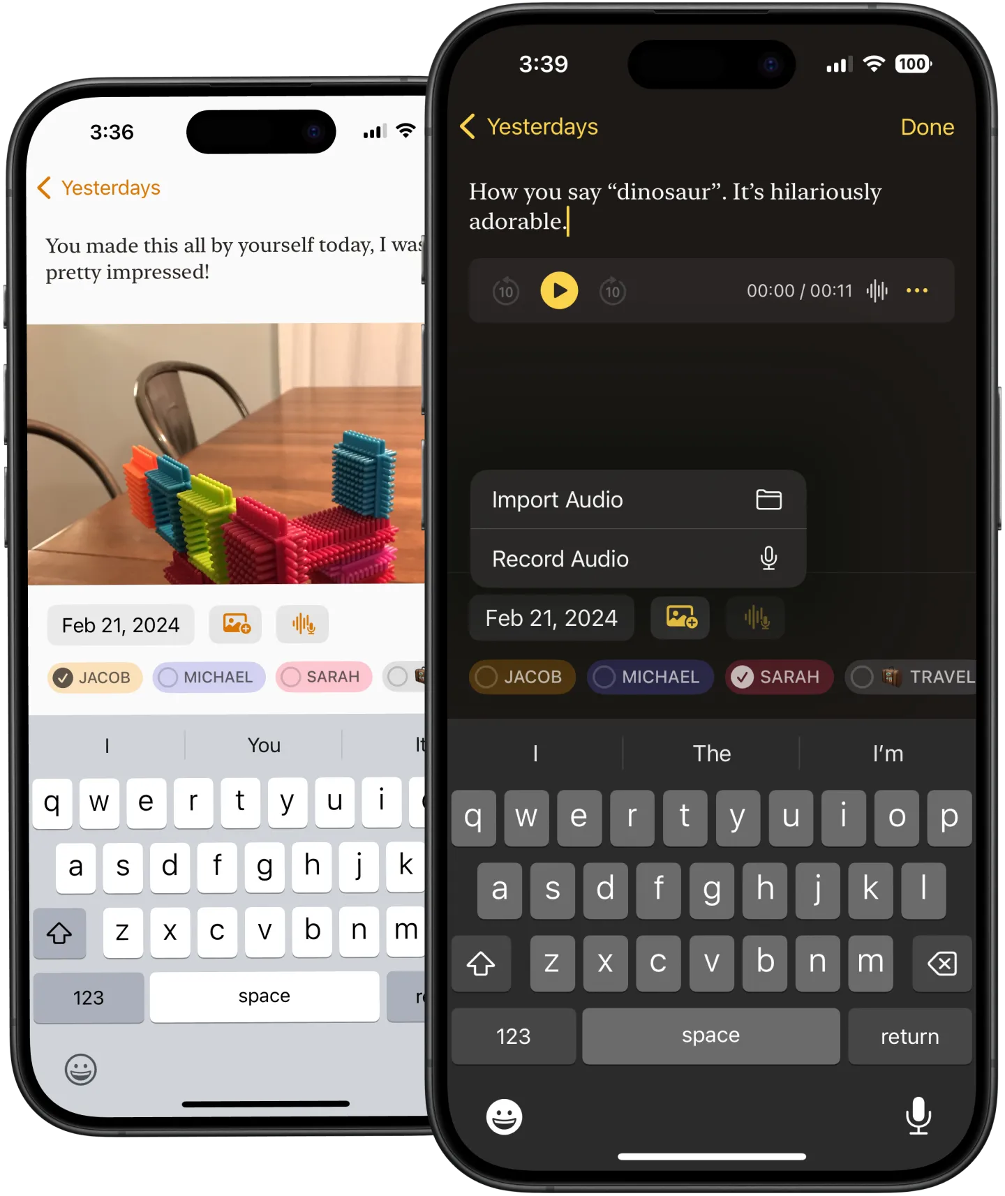 Yesterdays screenshots showing audio and photo memories.