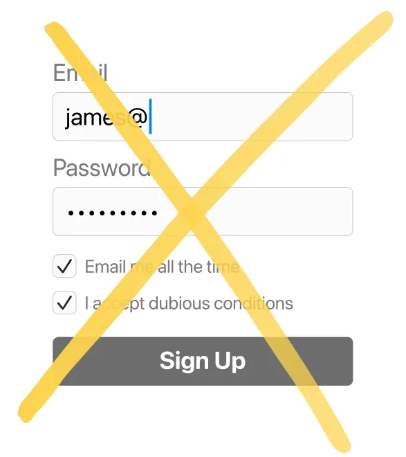 Pretend screenshot showing complicated signup screen